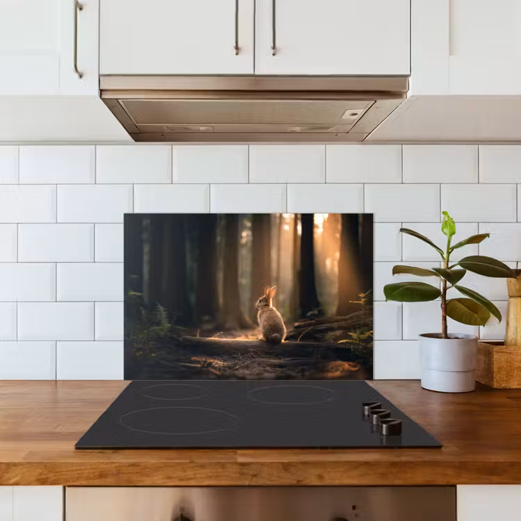 Spatscherm keuken - Konijn - Bos - Zonnestralen — 6