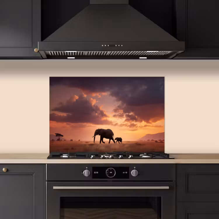 Spatscherm keuken - Olifanten - Grasland - Zonsondergang — 2