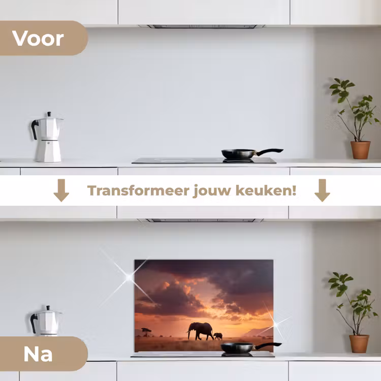 Spatscherm keuken - Olifanten - Grasland - Zonsondergang — 3