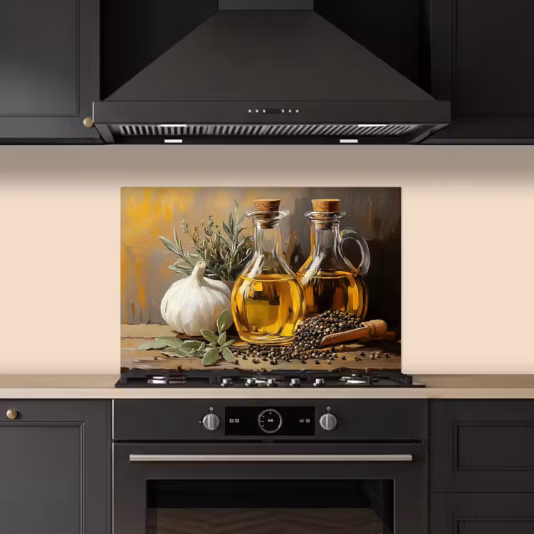 Spatscherm keuken - Stilleven - Olijfolie - Knoflook - Kruiden — 2