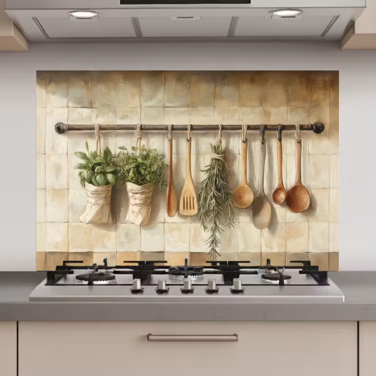 Spatscherm keuken - Hout - Keukengerei - Stilleven - Tegels — 1