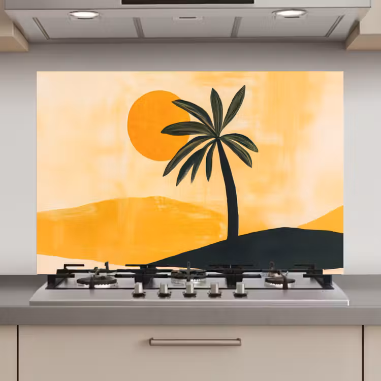 Spatscherm keuken - Illustratie - Palmboom - Zon - Heuvels — 1