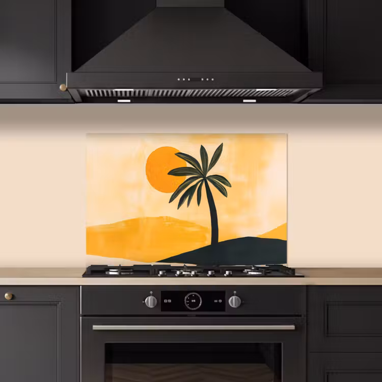 Spatscherm keuken - Illustratie - Palmboom - Zon - Heuvels — 2