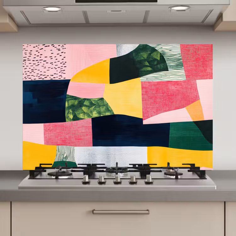 Spatscherm keuken - Abstract - Roze - Lappen - Vormen - Geel — 1