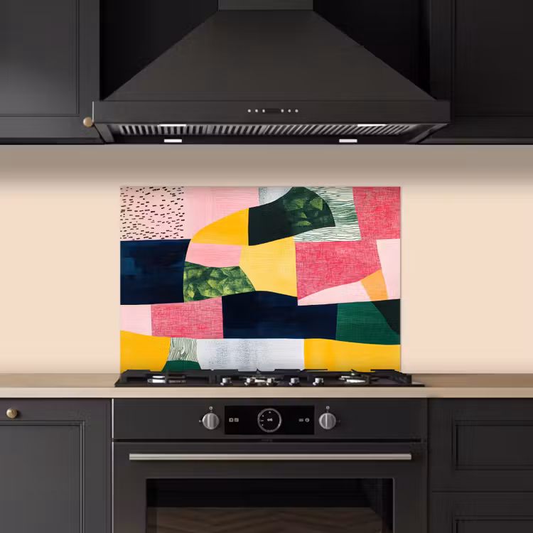Spatscherm keuken - Abstract - Roze - Lappen - Vormen - Geel — 2