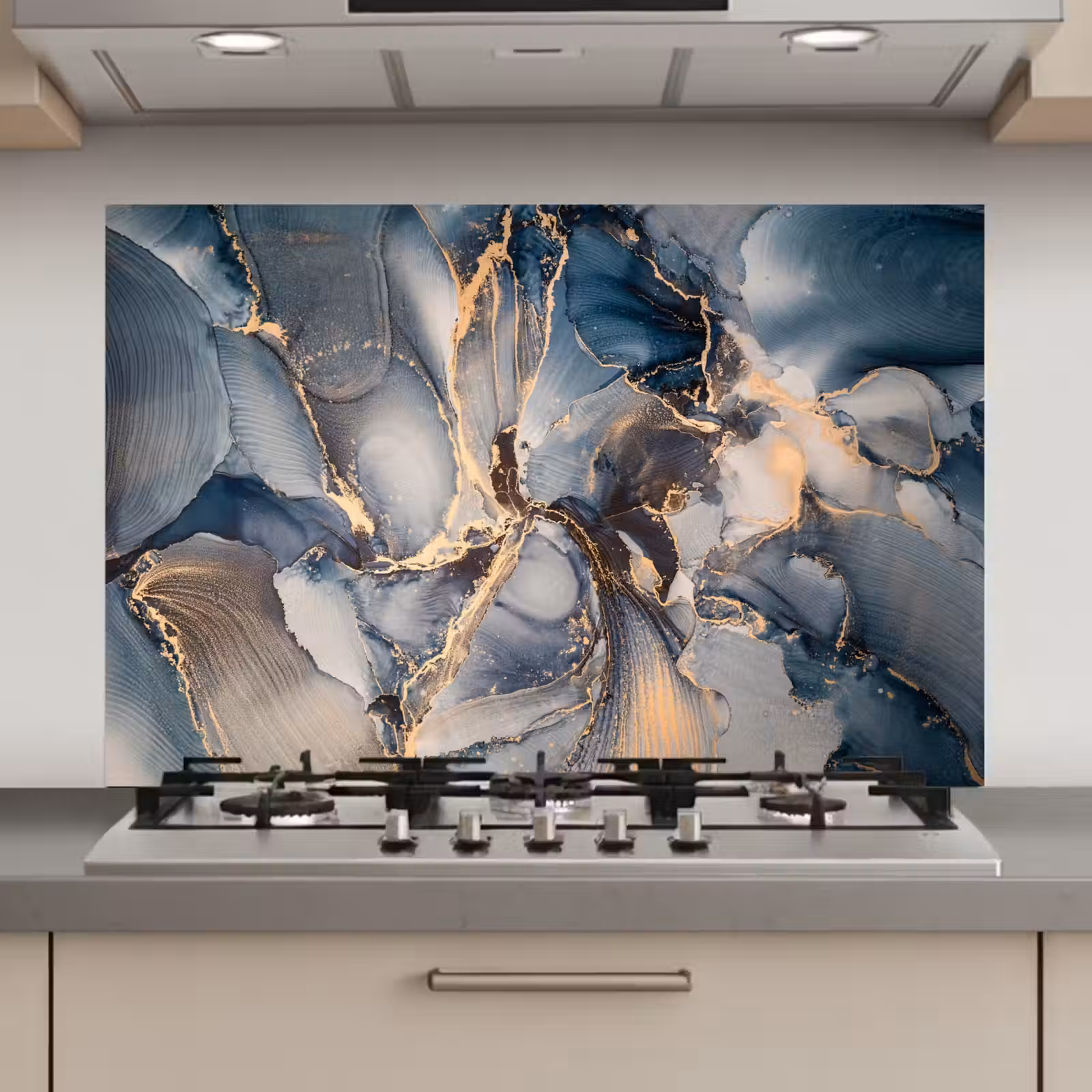 Spatscherm keuken - Marmer - Grijs - Blauw - Luxe - Goud — 1