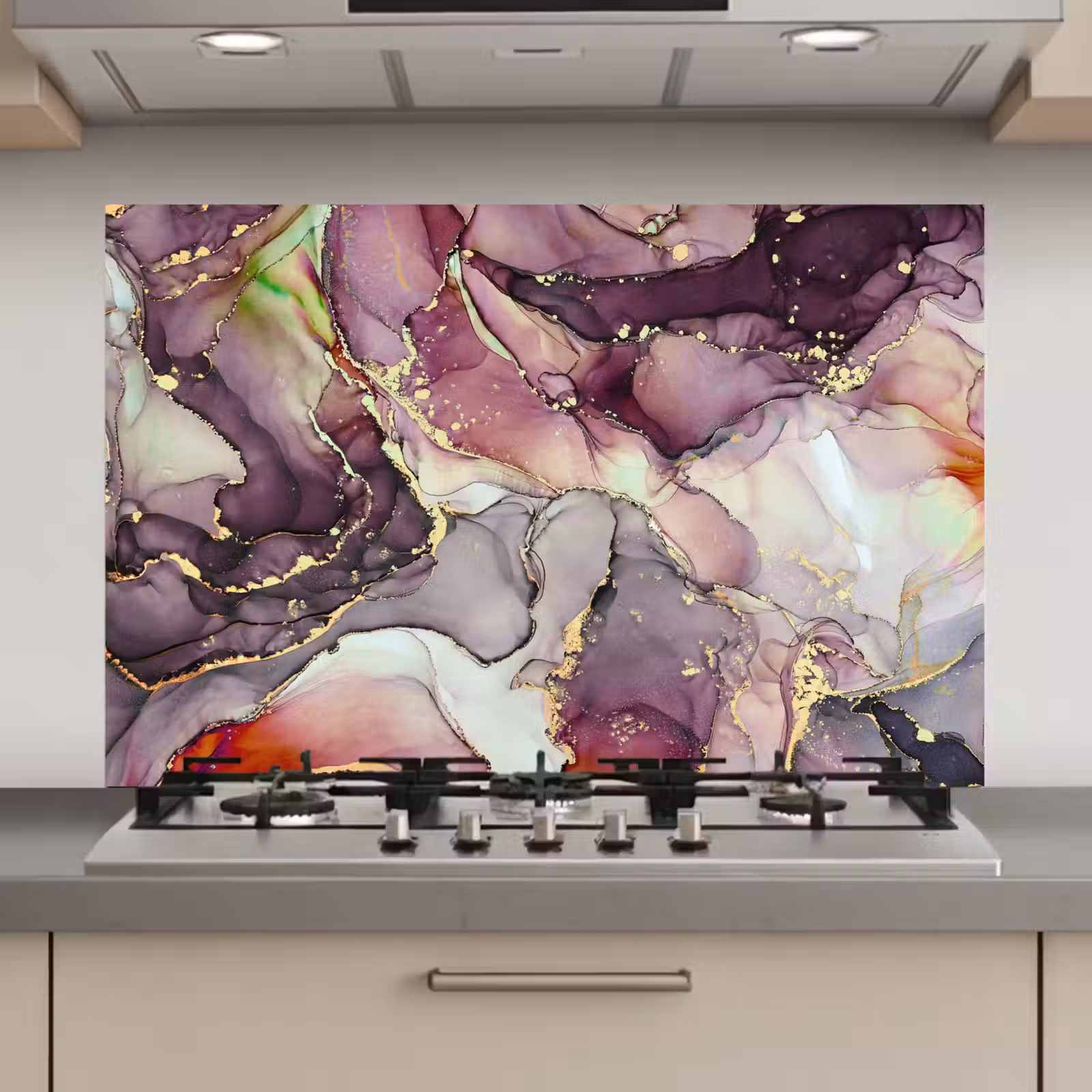 Spatscherm keuken - Marmer - Rood - Paars - Goud — 1