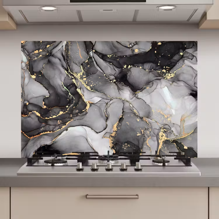 Spatscherm keuken - Marmer - Zwart - Goud - Grijs — 1