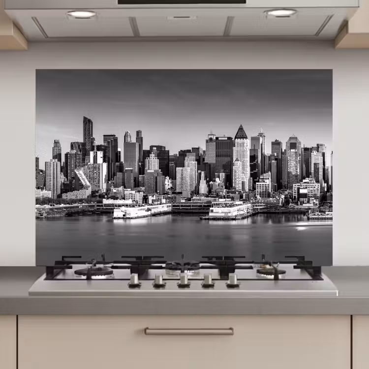 Spatscherm keuken - Skyline - Stad - Wolkenkrabbers - Zwart - Wit — 1