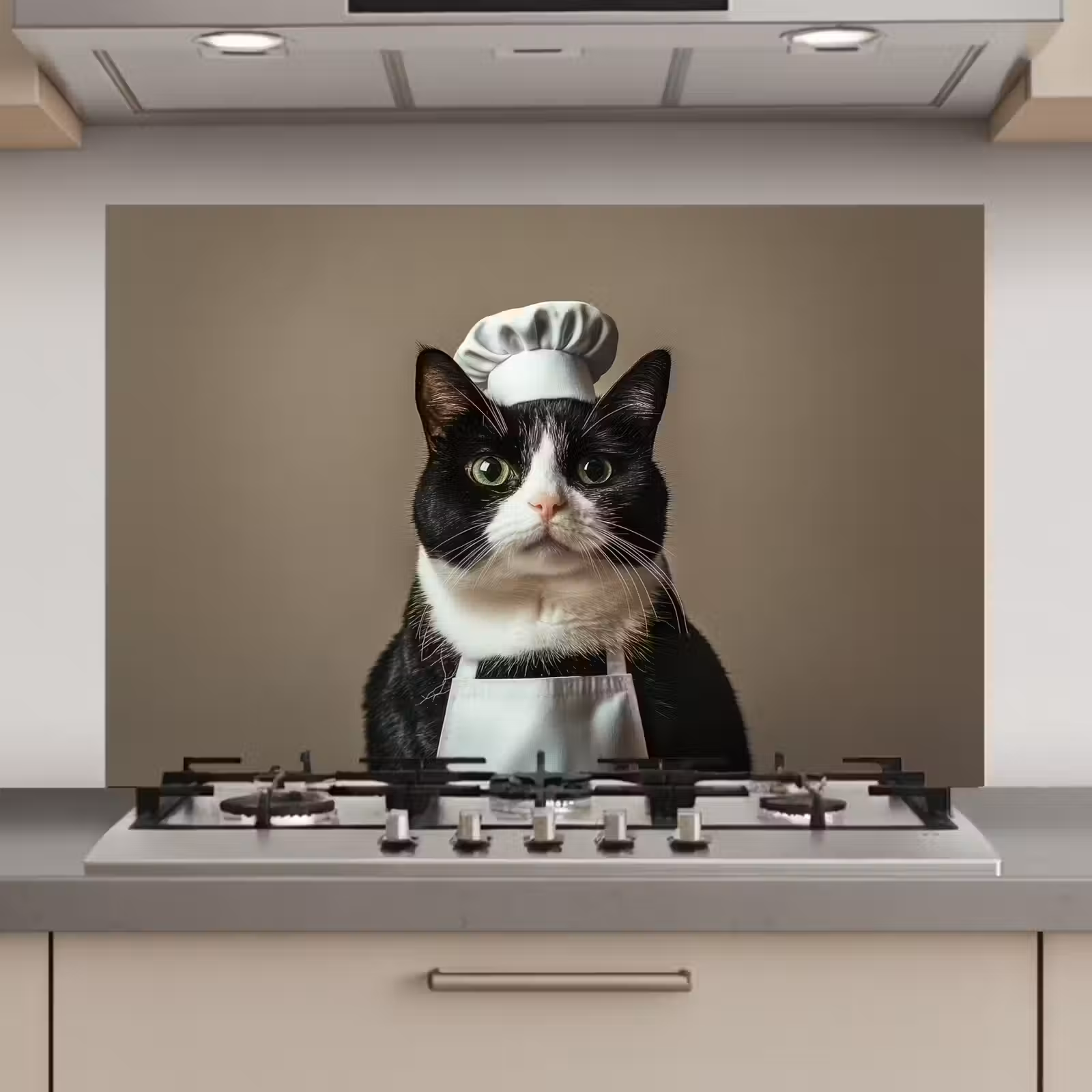 Spatscherm keuken - Kat - Kokskleding - Zwart - Wit — 1