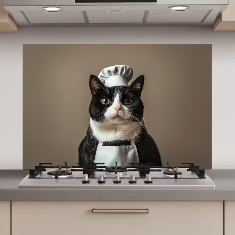 Spatscherm keuken - Kat - Kokskleding - Zwart - Wit — 1