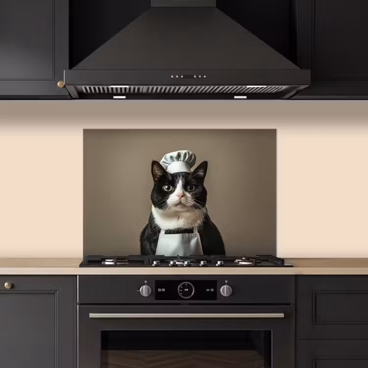 Spatscherm keuken - Kat - Kokskleding - Zwart - Wit — 2