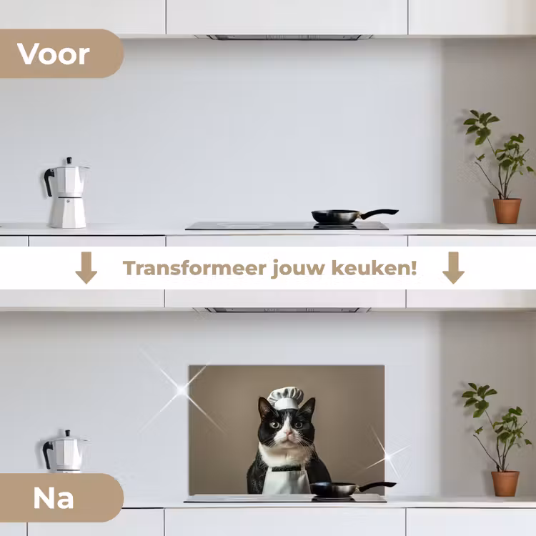 Spatscherm keuken - Kat - Kokskleding - Zwart - Wit — 3