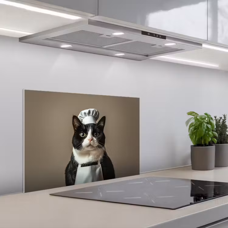Spatscherm keuken - Kat - Kokskleding - Zwart - Wit — 5
