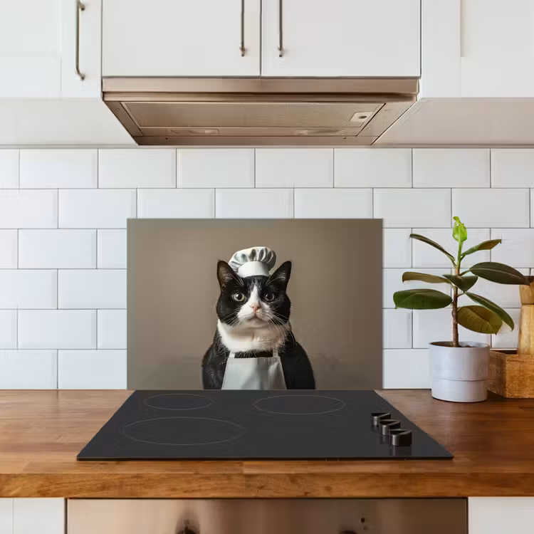 Spatscherm keuken - Kat - Kokskleding - Zwart - Wit — 6