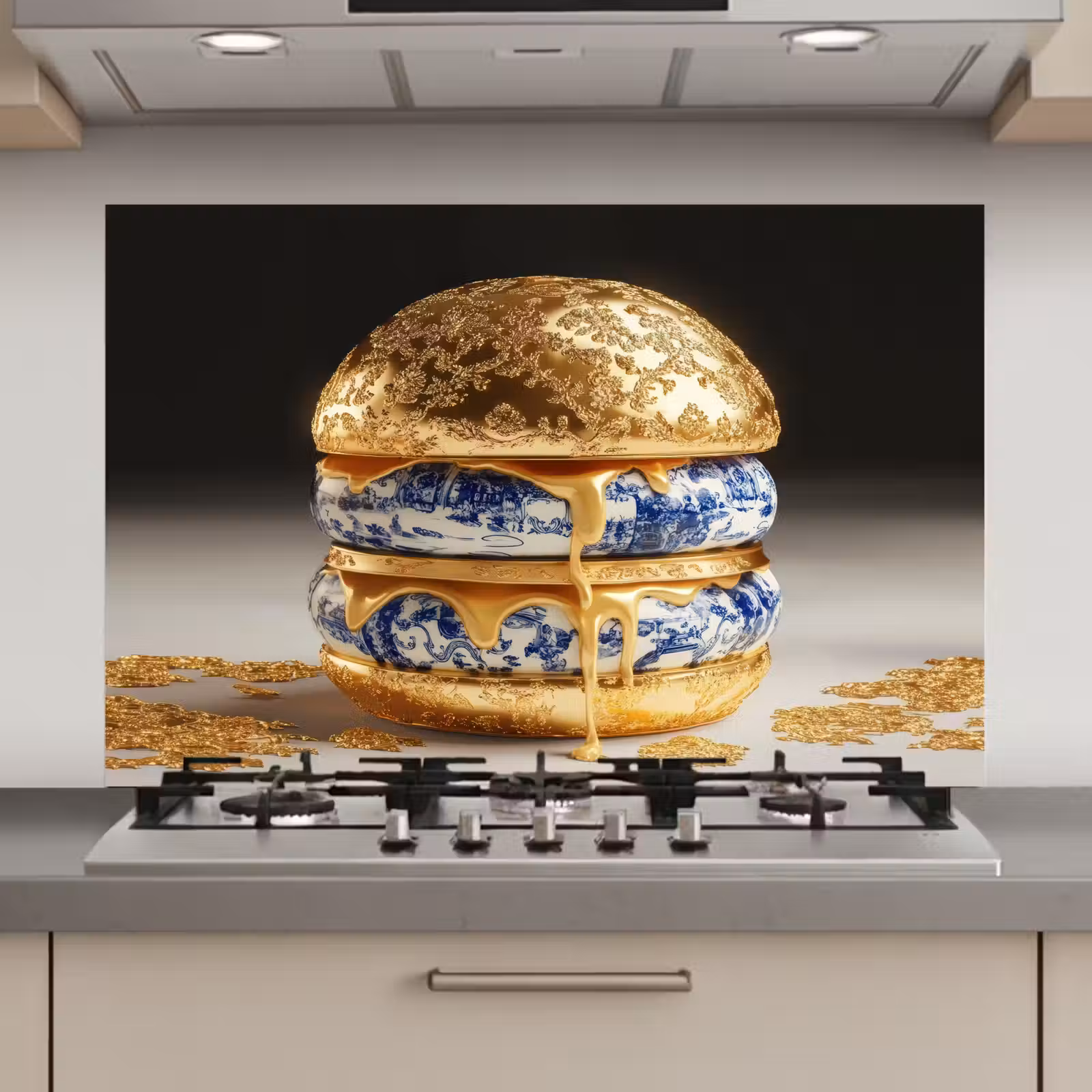 Spatscherm keuken - Delftsblauw - Goud - Burger — 1