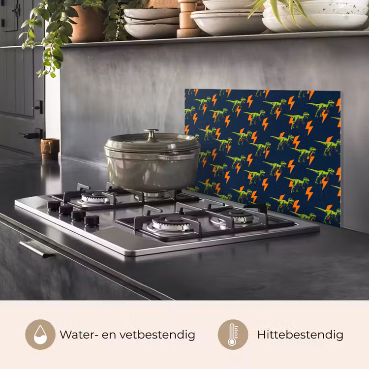 Spatscherm keuken - Bliksemschichten - Oranje - Dinosaurussen — 6