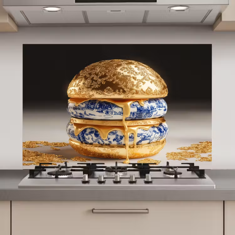 Spatscherm keuken - Delftsblauw - Goud - Burger — 1