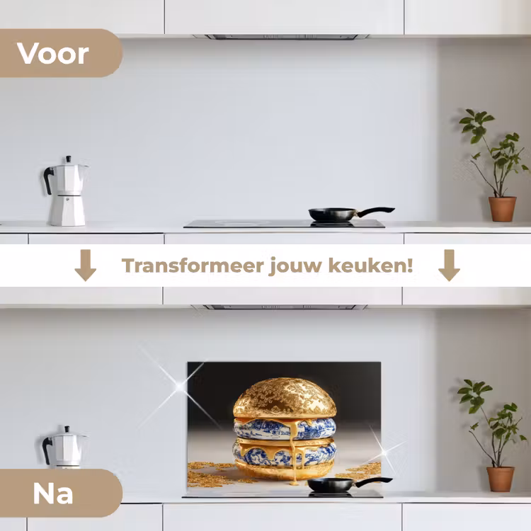 Spatscherm keuken - Delftsblauw - Goud - Burger — 3