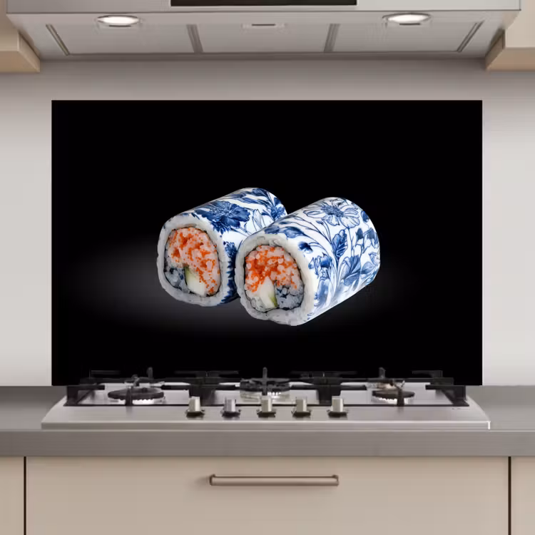 Spatscherm keuken - Sushi - Delfts blauw - Rijst - Vis - Elegant — 1