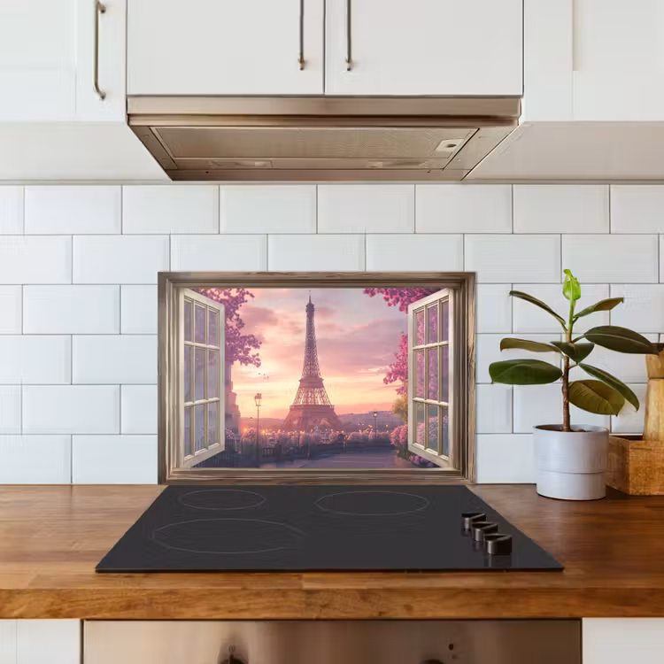 Spatscherm keuken - Doorkijk - Parijs - Eiffeltoren - Roze - Kersenbloesem — 6