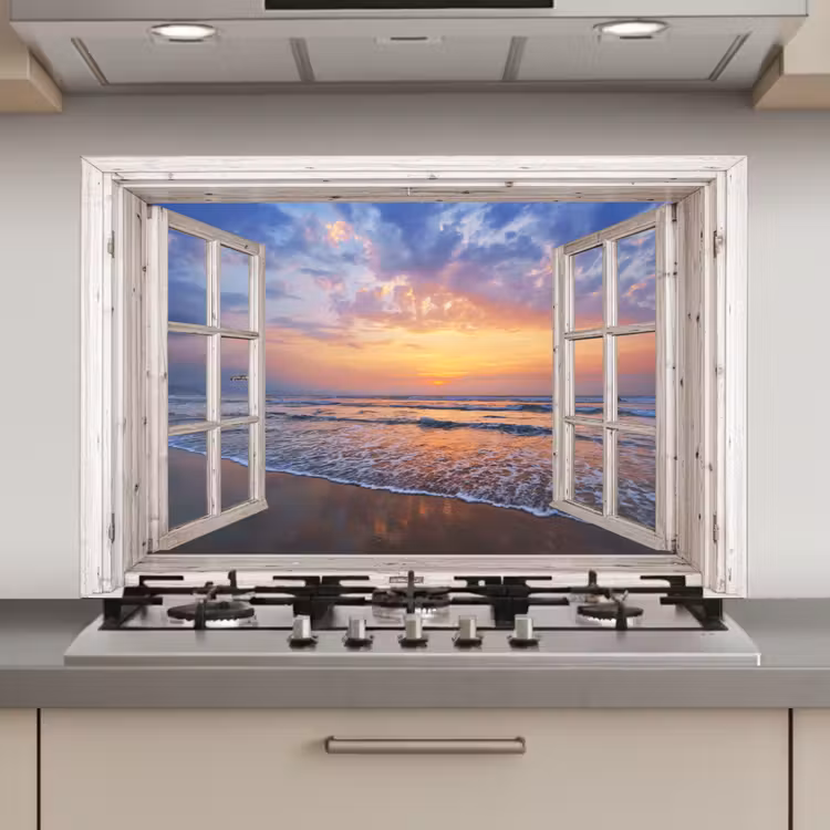 Spatscherm keuken - Doorkijk - Zee - Strand - Zonsondergang - Blauw — 1
