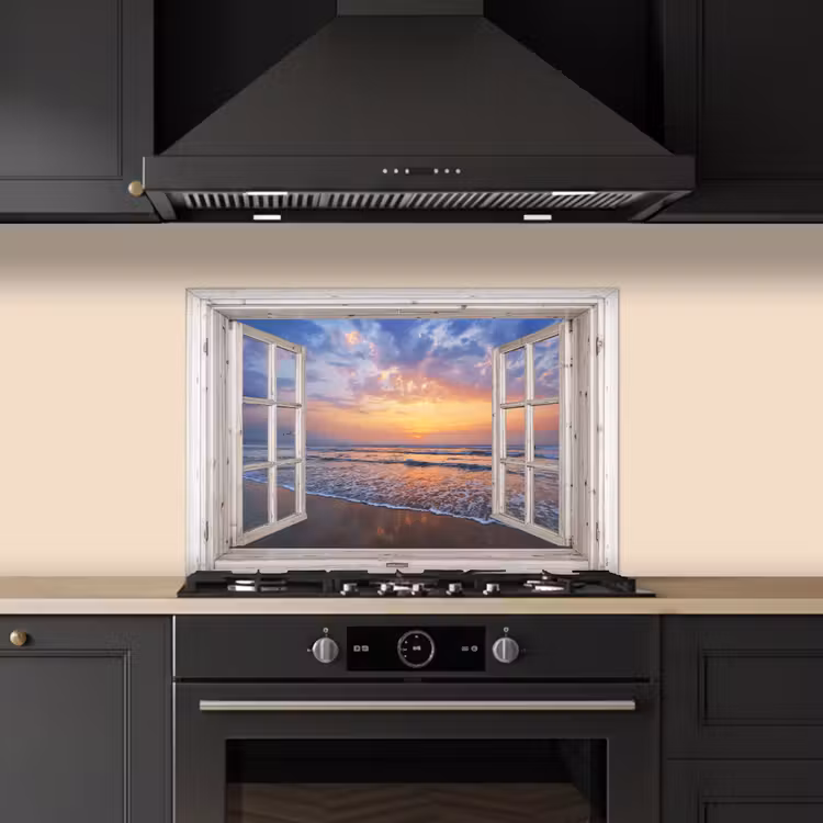 Spatscherm keuken - Doorkijk - Zee - Strand - Zonsondergang - Blauw — 2
