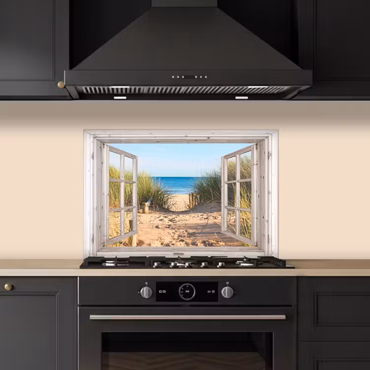 Spatscherm keuken - Doorkijk - Strand - Zee - Duinen - Zand - Water - Helmgras — 2