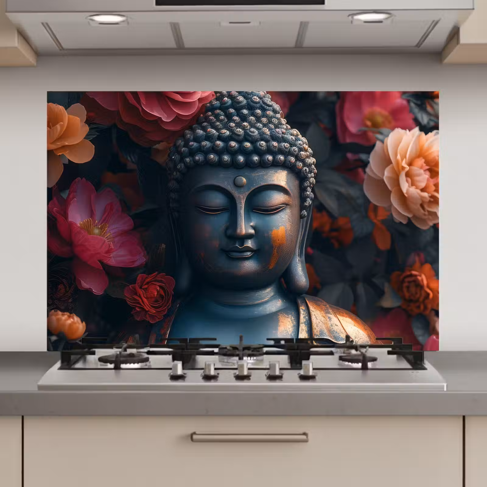 Spatscherm keuken - Boeddha - Bloemen - Buddha - Beeld - Kunst — 1