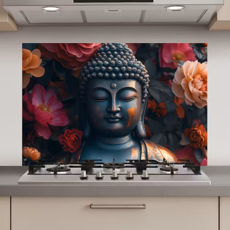 Spatscherm keuken - Boeddha - Bloemen - Buddha - Beeld - Kunst — 1