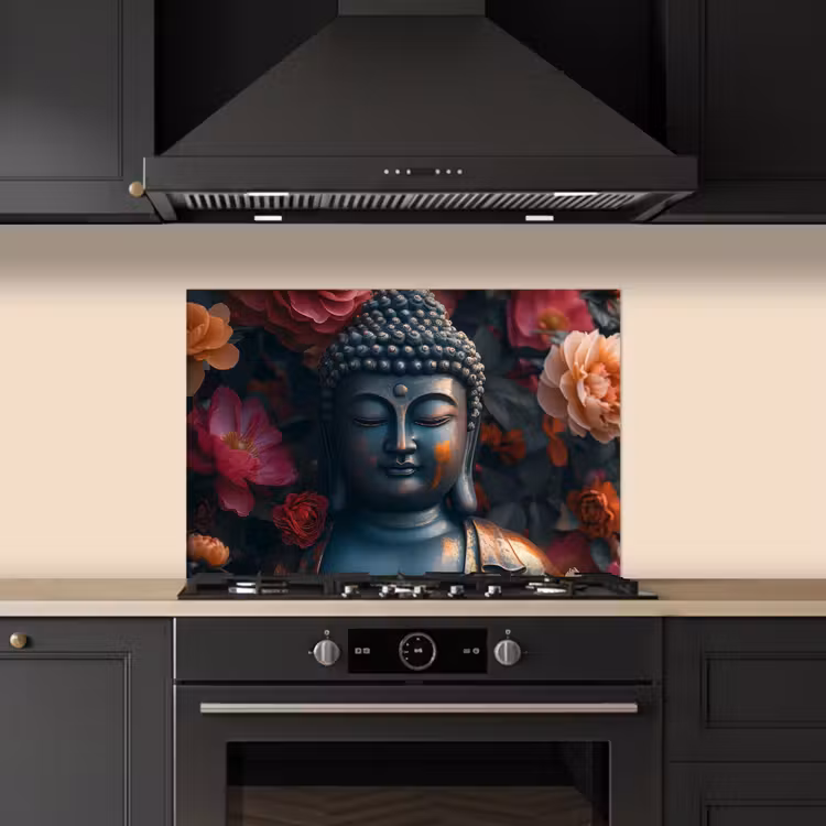 Spatscherm keuken - Boeddha - Bloemen - Buddha - Beeld - Kunst — 2