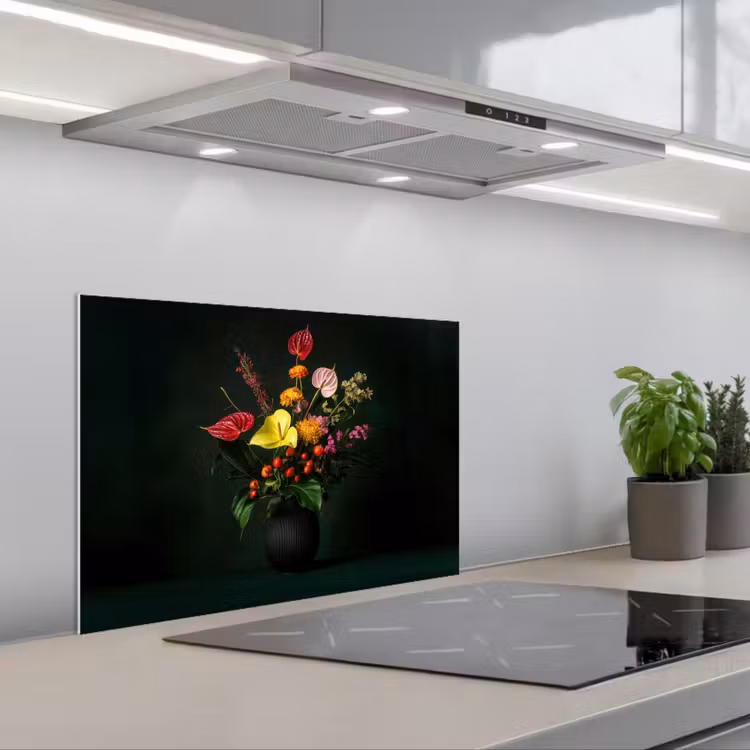 Spatscherm keuken - Bloemen - Vaas - Zwart — 5