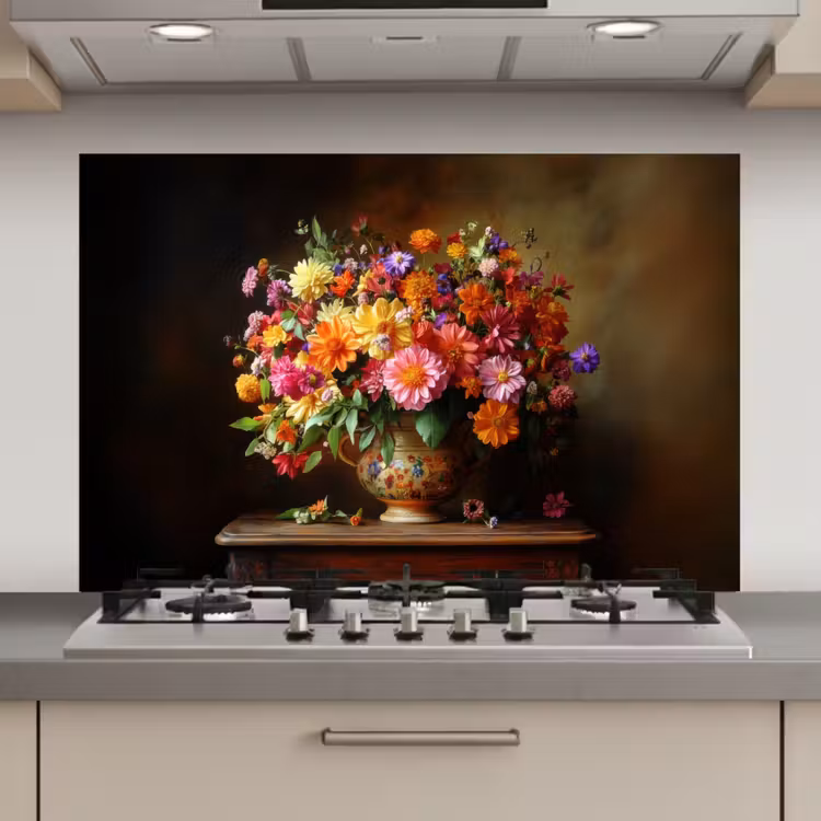 Spatscherm keuken - Kleuren - Boeket - Vaas - Hout — 1