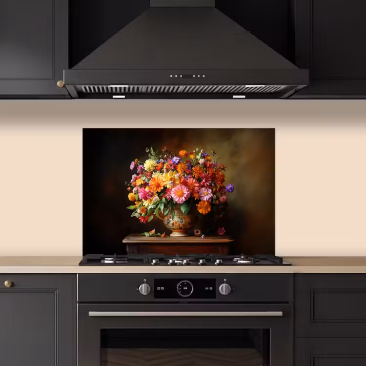 Spatscherm keuken - Kleuren - Boeket - Vaas - Hout — 2