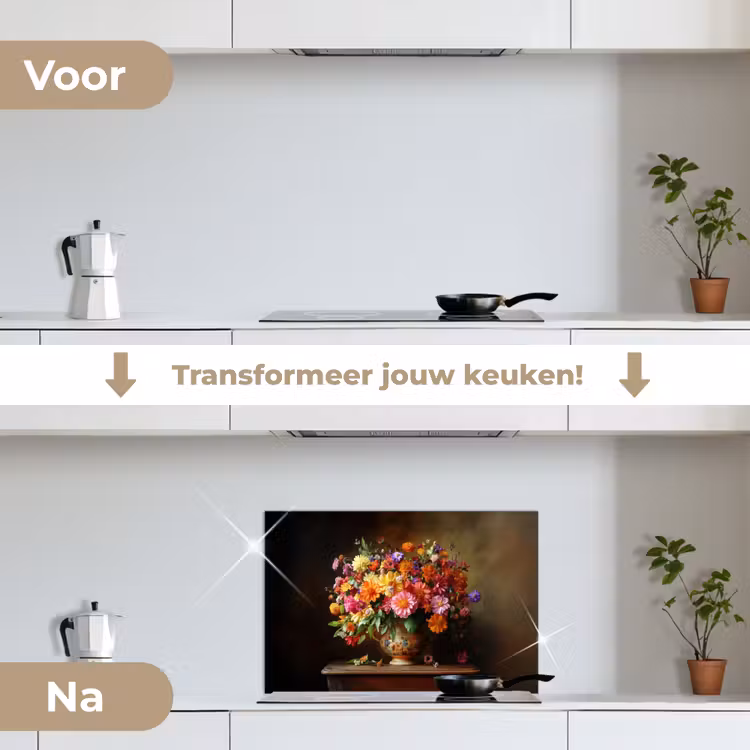 Spatscherm keuken - Kleuren - Boeket - Vaas - Hout — 3