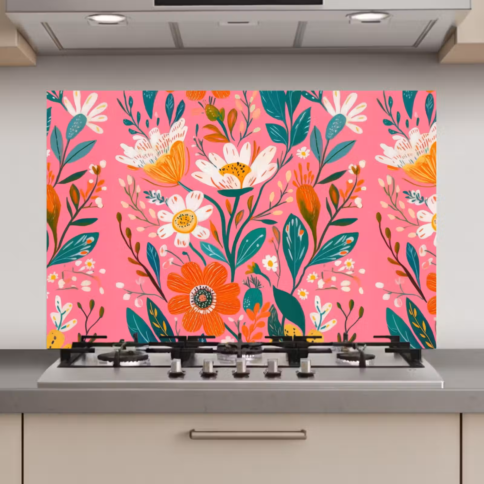 Spatscherm keuken - Roze - Bloemen - Wit - Oranje — 1