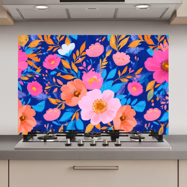 Spatscherm keuken - Bloemen - Blauw - Roze — 1