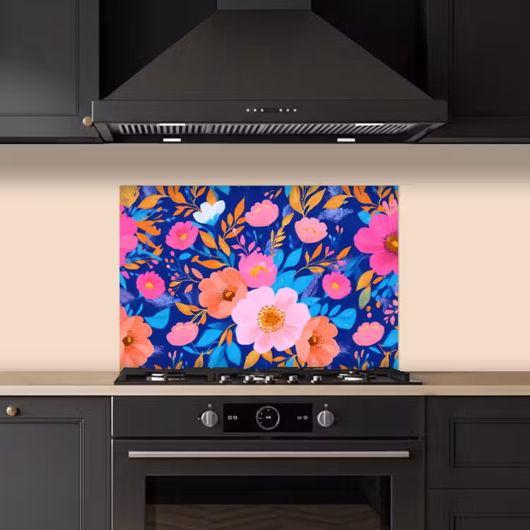 Spatscherm keuken - Bloemen - Blauw - Roze — 2