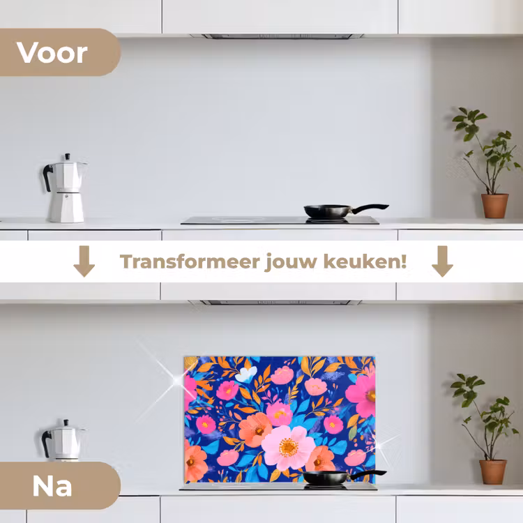 Spatscherm keuken - Bloemen - Blauw - Roze — 3