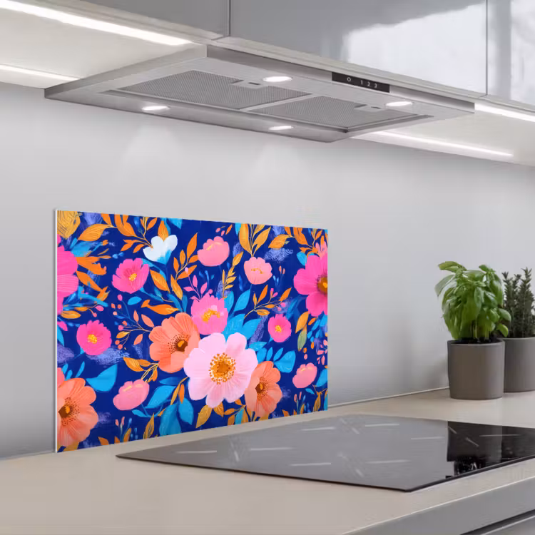 Spatscherm keuken - Bloemen - Blauw - Roze — 5