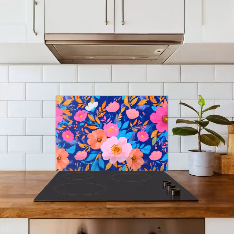 Spatscherm keuken - Bloemen - Blauw - Roze — 6