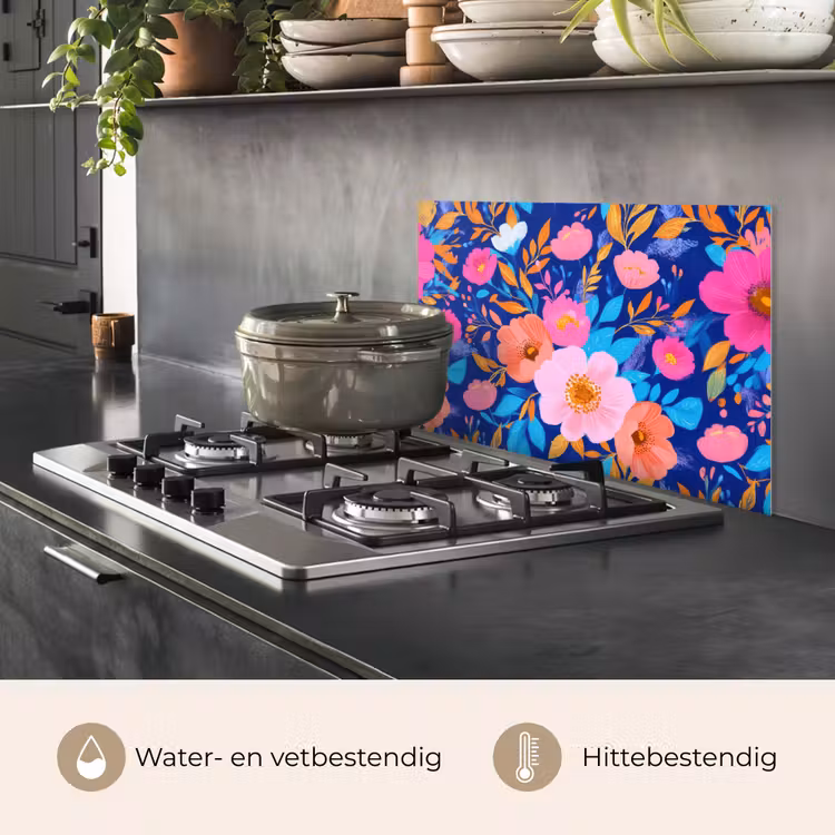 Spatscherm keuken - Bloemen - Blauw - Roze — 7