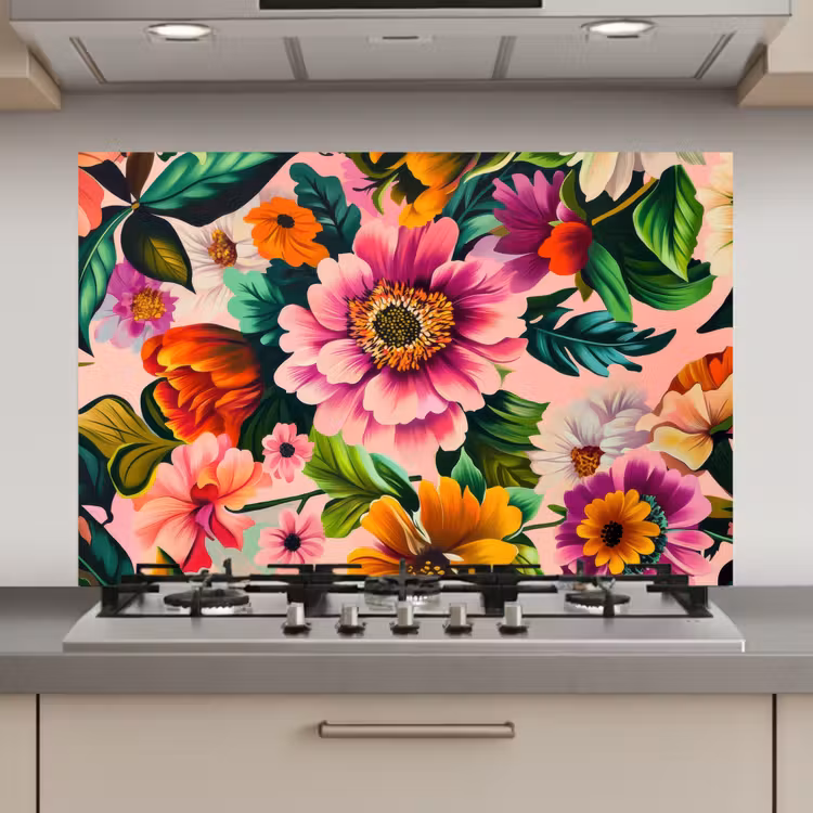 Spatscherm keuken - Bloemen - Kleurrijk - Roze — 1