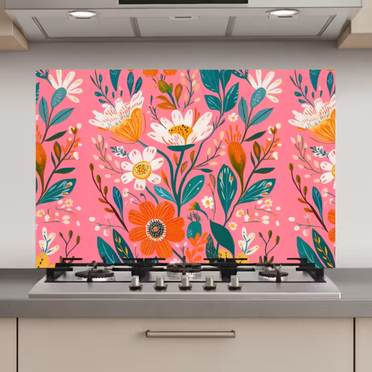 Spatscherm keuken - Roze - Bloemen - Wit - Oranje — 1
