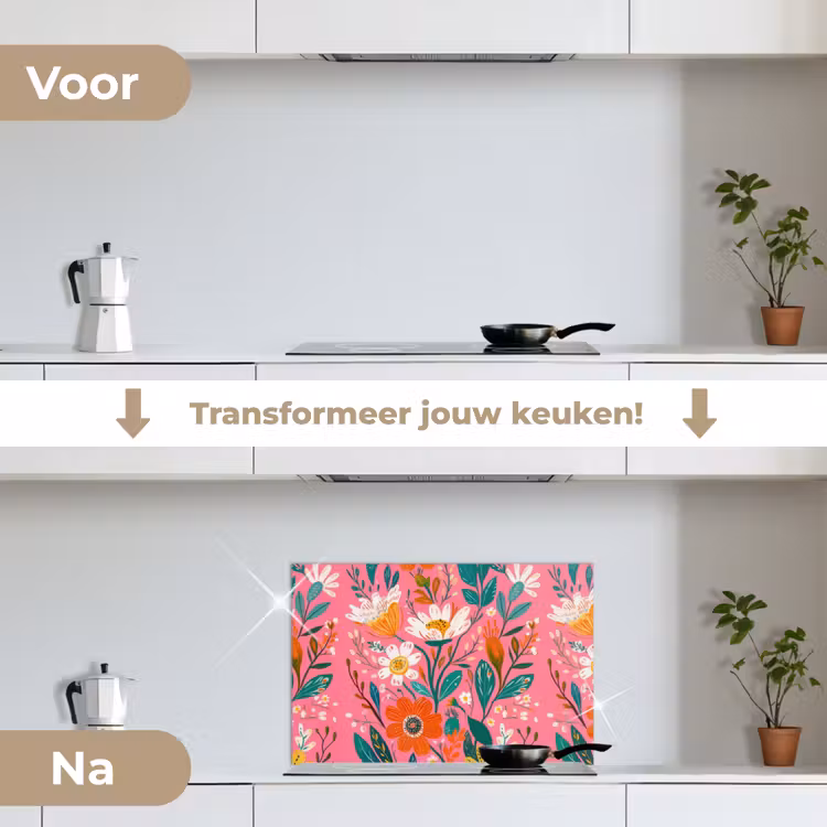 Spatscherm keuken - Roze - Bloemen - Wit - Oranje — 3