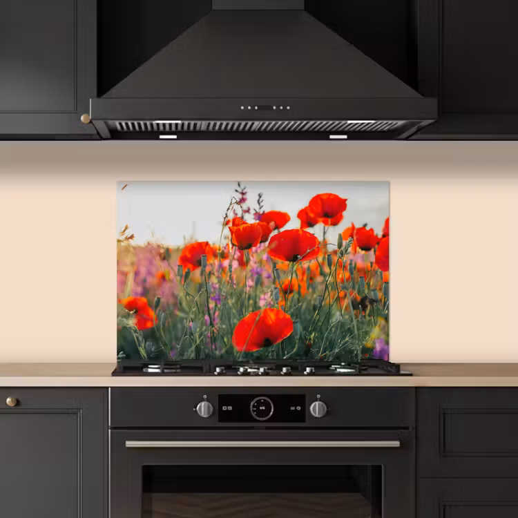 Spatscherm keuken - Klaproos - Bloemen - Rood - Paars - Weide — 2