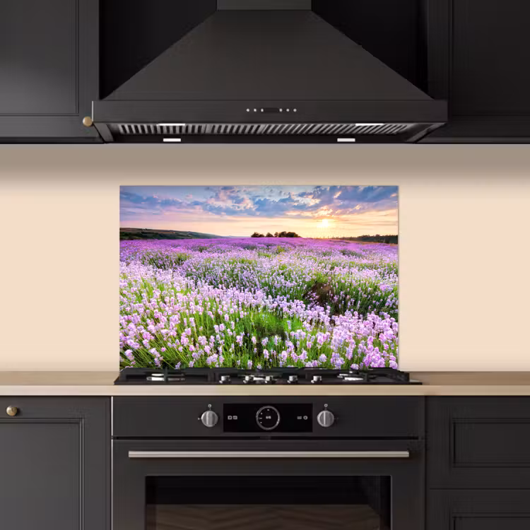 Spatscherm keuken - Lavendel - Bloemen - Zonsondergang - Paars - Weide — 2