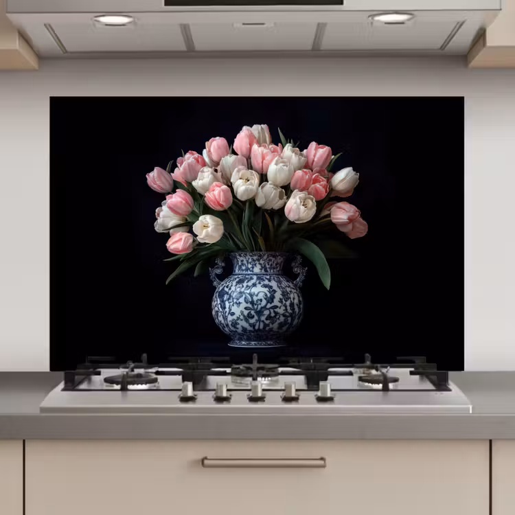 Spatscherm keuken - Bloemen - Roze - Tulpen - Vaas — 1