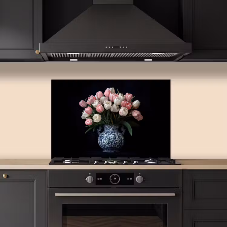 Spatscherm keuken - Bloemen - Roze - Tulpen - Vaas — 2