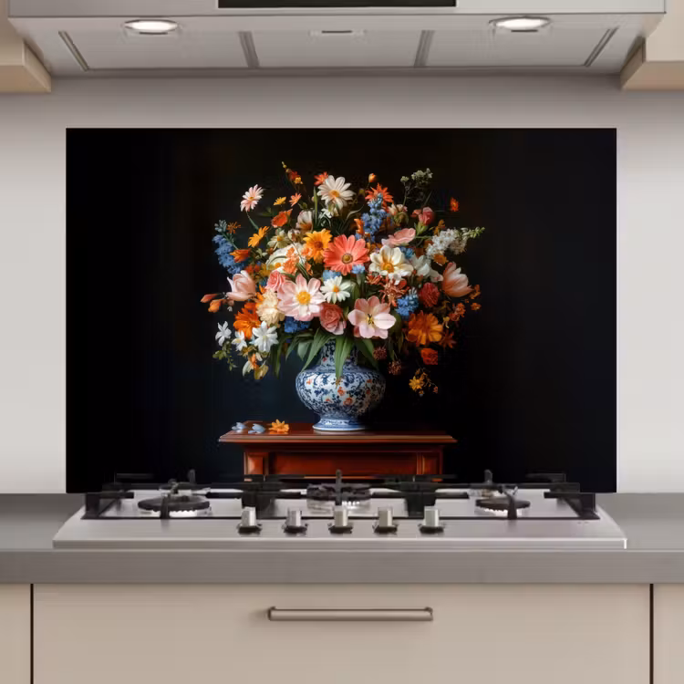 Spatscherm keuken - Boeket - Roze - Bloemen - Vaas — 1